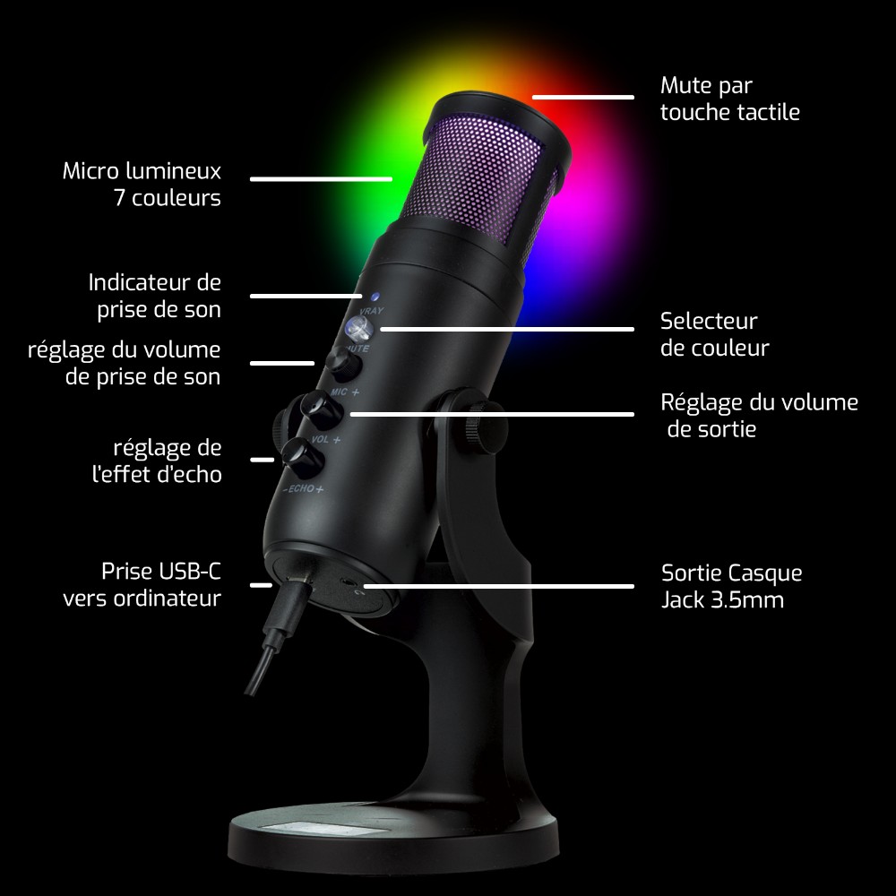 Microphone gaming / steaming MC-100 Pro avec effet d'écho - Noir Microphone gaming / steaming MC-100 Pro avec effet d'écho - Noir